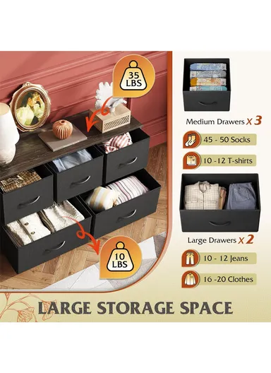 2-Layer 5-Drawer Fabric Storage Dresser, Large Capacity Non-Woven Organizer Cabinet with Metal Frame (W100 x D30 x H54)cm - Black