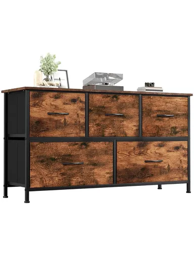 2-Layer 5-Drawer Fabric Storage Dresser, Large Capacity Non-Woven Organizer Cabinet with Metal Frame (W100 x D30 x H54)cm - Walnut