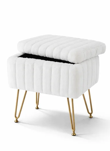 Square Faux Fur Storage Ottoman Stool with Metal Legs &amp; Hidden Storage (W40 x D30 x H48.5)cm - White