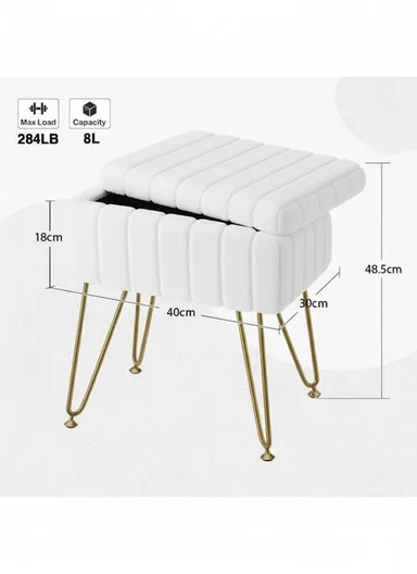 Square Faux Fur Storage Ottoman Stool with Metal Legs &amp; Hidden Storage (W40 x D30 x H48.5)cm - White