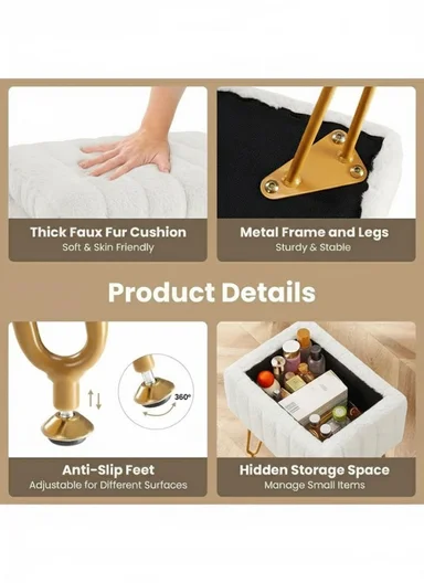 Square Faux Fur Storage Ottoman Stool with Metal Legs &amp; Hidden Storage (W40 x D30 x H48.5)cm - White
