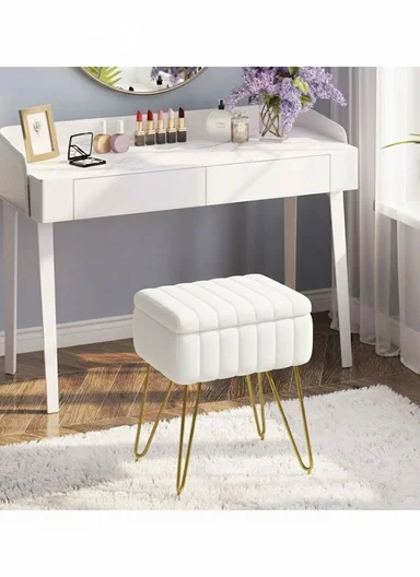 Square Faux Fur Storage Ottoman Stool with Metal Legs &amp; Hidden Storage (W40 x D30 x H48.5)cm - White