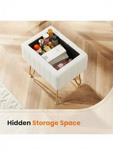 Square Faux Fur Storage Ottoman Stool with Metal Legs &amp; Hidden Storage (W40 x D30 x H48.5)cm - White