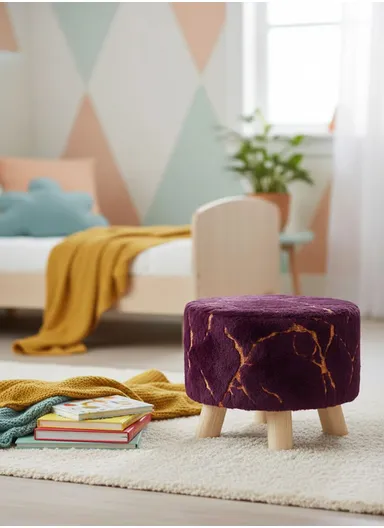 Simple Creative Children Faux Fur with Gold Stamped Small Stool Portable, Anti-Slip Top &amp; Space-Saving Design (D26 x H25)cm - Dark Purple