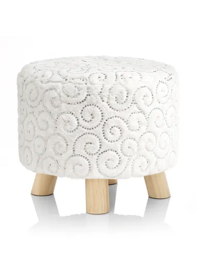 Simple Creative Children Faux Fur with Gold Stamped Small Stool Portable, Anti-Slip Top &amp; Space-Saving Design (D26 x H25)cm - White