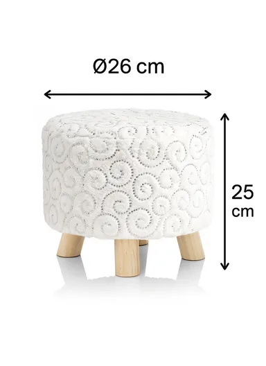 Simple Creative Faux Fur with Gold Stamped Small Stool Portable, Anti-Slip Top &amp; Space-Saving Design (D26 x H25)cm - White