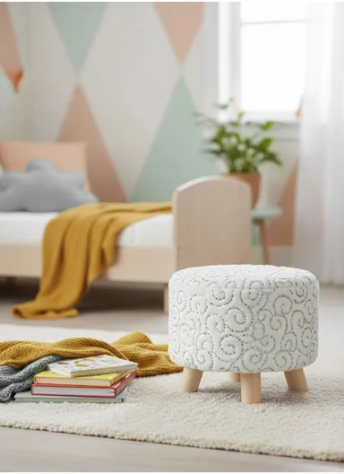 Simple Creative Faux Fur with Gold Stamped Small Stool Portable, Anti-Slip Top &amp; Space-Saving Design (D26 x H25)cm - White