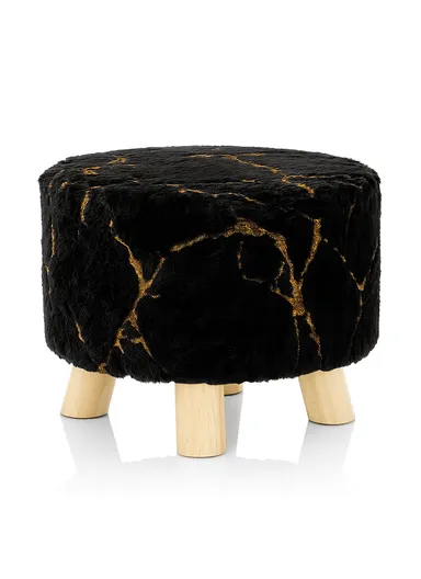 Simple Creative Children Faux Fur with Gold Stamped Small Stool Portable, Anti-Slip Top &amp; Space-Saving Design (D26 x H25)cm - Black