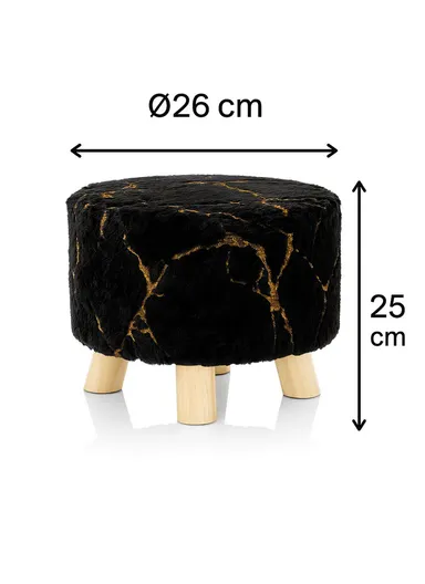 Simple Creative Faux Fur with Gold Stamped Small Stool Portable, Anti-Slip Top &amp; Space-Saving Design (D26 x H25)cm - Black