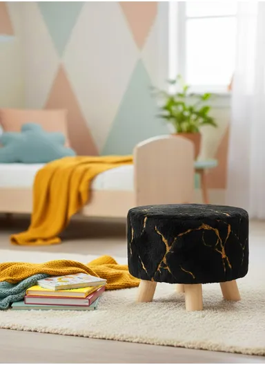 Simple Creative Faux Fur with Gold Stamped Small Stool Portable, Anti-Slip Top &amp; Space-Saving Design (D26 x H25)cm - Black