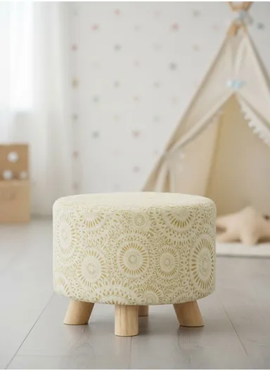 Simple Creative Faux Fur with Gold Stamped Small Stool Portable, Anti-Slip Top &amp; Space-Saving Design (D26 x H25)cm - Beige