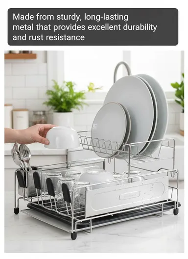 Multifunctional Stainless Steel Kitchen Dish Rack with Draining Tray (L48 x W33 x H25.5)cm