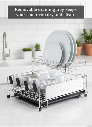 Multifunctional Stainless Steel Kitchen Dish Rack with Draining Tray (L48 x W33 x H25.5)cm