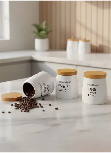 3-Pieces Kitchen Storage Canister Set with Bamboo Lids (D11 × H12 cm) - White