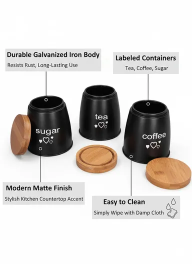 3-Pieces Kitchen Storage Canister Set with Bamboo Lids (D11 × H12 cm) - Grey