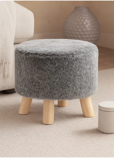Simple Creative Children Faux Fur Small Stool Portable, Anti-Slip Top &amp; Space-Saving Design (D26 x H25)cm - Light Grey