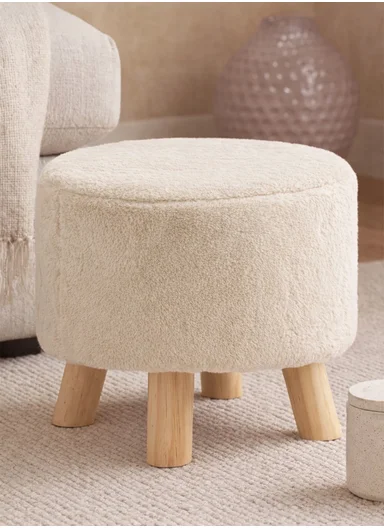Simple Creative Faux Fur Small Stool Portable, Anti-Slip Top &amp; Space-Saving Design (D26 x H25)cm - Cream