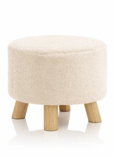 Simple Creative Faux Fur Small Stool Portable, Anti-Slip Top &amp; Space-Saving Design (D26 x H25)cm - Cream
