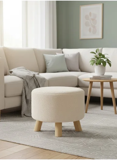 Simple Creative Faux Fur Small Stool Portable, Anti-Slip Top &amp; Space-Saving Design (D26 x H25)cm - Cream