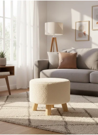 Simple Creative Faux Fur Small Stool Portable, Anti-Slip Top &amp; Space-Saving Design (D26 x H25)cm - Cream