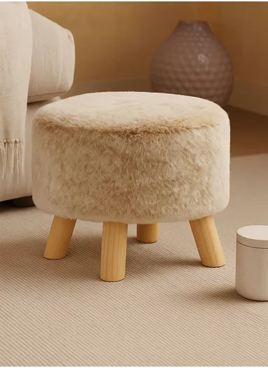 Simple Creative Children Faux Fur Small Stool Portable, Anti-Slip Top &amp; Space-Saving Design (D26 x H25)cm - Light Beige