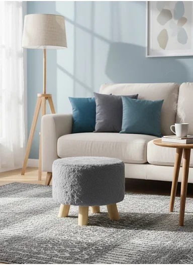 Simple Creative Faux Fur Small Stool Portable, Anti-Slip Top &amp; Space-Saving Design (D26 x H25)cm - Grey