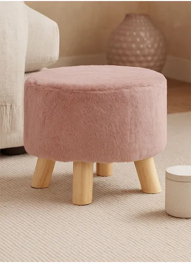 Simple Creative Children Faux Fur Small Stool Portable, Anti-Slip Top &amp; Space-Saving Design (D26 x H25)cm - Pink