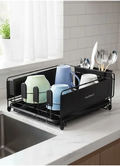 1-Tier Metal Dish Drying Rack with Removable Drip Tray (L49.5 × W30 × H15.5)cm - Black