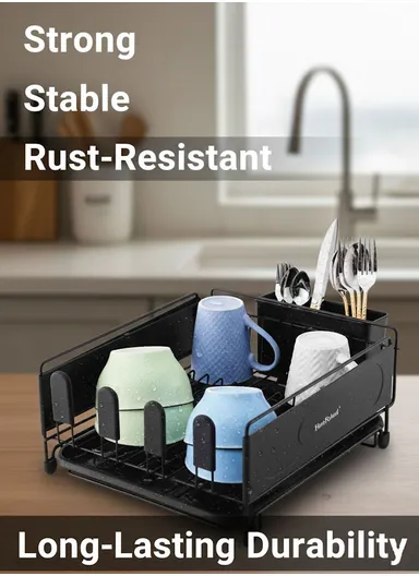 1-Tier Metal Dish Drying Rack with Removable Drip Tray (L49.5 × W30 × H15.5)cm - Black