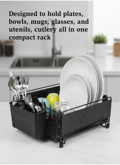 1-Tier Metal Dish Drying Rack with Removable Drip Tray (L49.5 × W30 × H15.5)cm - Black