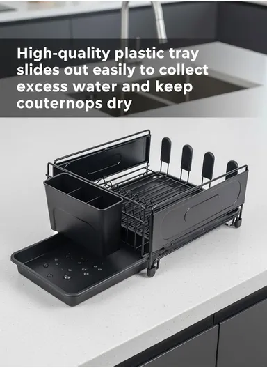 1-Tier Metal Dish Drying Rack with Removable Drip Tray (L49.5 × W30 × H15.5)cm - Black