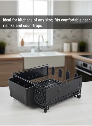 1-Tier Metal Dish Drying Rack with Removable Drip Tray (L49.5 × W30 × H15.5)cm - Black