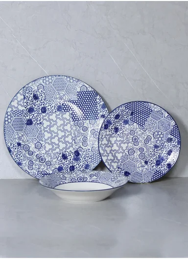 18 Pieces Rounded Stoneware Dinnerware Set, Dishwasher &amp; Microwave Safe Durable Everyday Dining Set YH18-119 - Blue