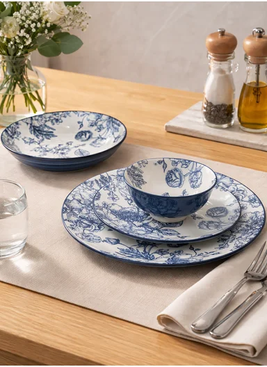24-Pieces Classic Floral Stoneware Dinnerware Set - Navy