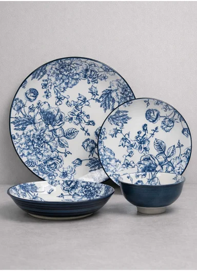 24-Pieces Classic Floral Stoneware Dinnerware Set - Navy