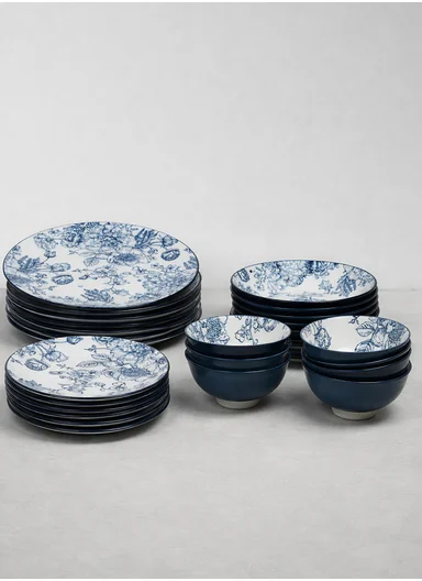 24-Pieces Classic Floral Stoneware Dinnerware Set - Navy