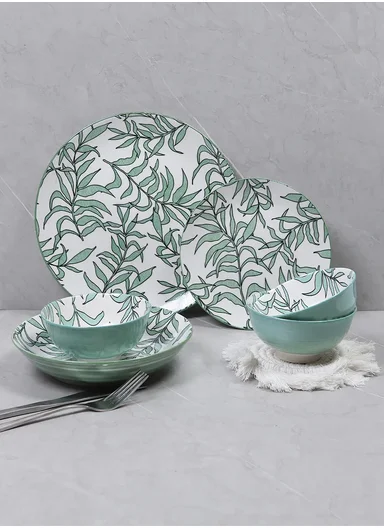 24 Pcs Reactive Glaze Dishes Set Chip Resistant &amp; Scratch Resistant Dinnerware Service for 6 Durable Everyday Dining Set - White &amp; Green