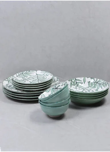 24 Pcs Reactive Glaze Dishes Set Chip Resistant &amp; Scratch Resistant Dinnerware Service for 6 Durable Everyday Dining Set - White &amp; Green