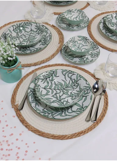 24 Pcs Reactive Glaze Dishes Set Chip Resistant &amp; Scratch Resistant Dinnerware Service for 6 Durable Everyday Dining Set - White &amp; Green