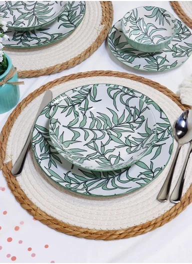 24 Pcs Reactive Glaze Dishes Set Chip Resistant &amp; Scratch Resistant Dinnerware Service for 6 Durable Everyday Dining Set - White &amp; Green