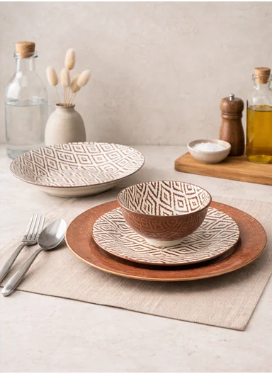 24-Pieces Rustic Terracotta Geometric Stoneware Dinnerware Set - Burgundy