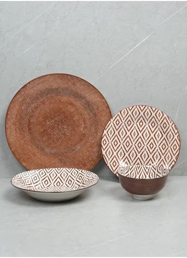 24-Pieces Rustic Terracotta Geometric Stoneware Dinnerware Set - Burgundy
