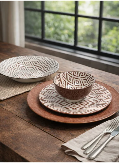24-Pieces Rustic Terracotta Geometric Stoneware Dinnerware Set - Burgundy