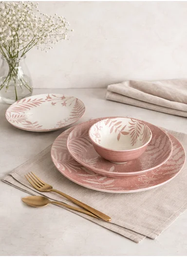 24 pieces Rounded Stoneware Dinnerware Set, Dishwasher &amp; Microwave Safe Durable Everyday Dining Set-Pink