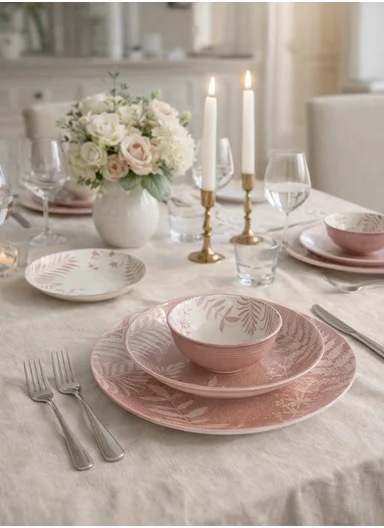 24 pieces Rounded Stoneware Dinnerware Set, Dishwasher &amp; Microwave Safe Durable Everyday Dining Set-Pink