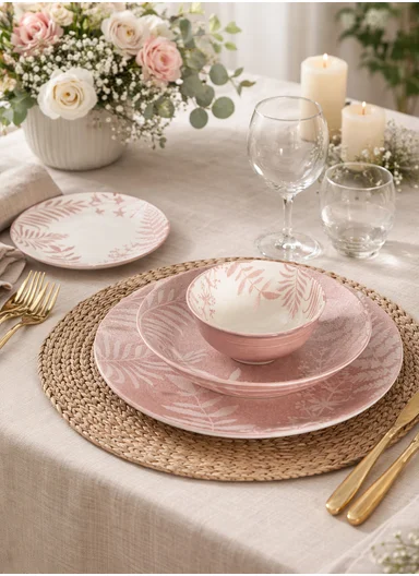 24 pieces Rounded Stoneware Dinnerware Set, Dishwasher &amp; Microwave Safe Durable Everyday Dining Set-Pink