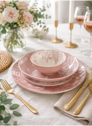 24 pieces Rounded Stoneware Dinnerware Set, Dishwasher &amp; Microwave Safe Durable Everyday Dining Set-Pink