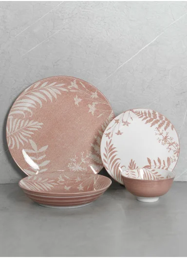 24 pieces Rounded Stoneware Dinnerware Set, Dishwasher &amp; Microwave Safe Durable Everyday Dining Set-Pink