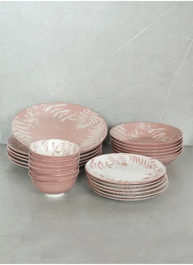 24 pieces Rounded Stoneware Dinnerware Set, Dishwasher &amp; Microwave Safe Durable Everyday Dining Set-Pink