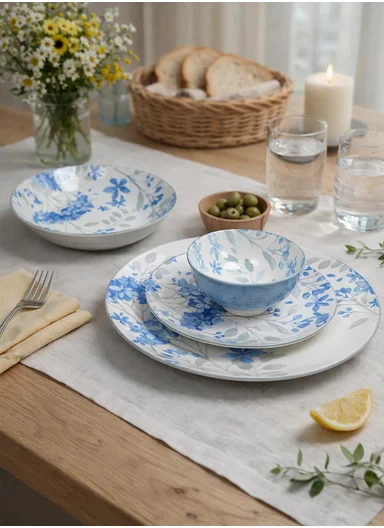 24-Pieces Classic Round Leaves Stoneware Dinnerware Set - Light Blue
